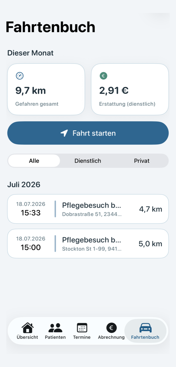 Pflegehafen-App: digitales Fahrtenbuch mit Kilometern und Erstattung